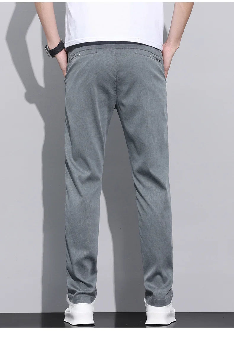 Fiber Fabric Summer Men's Casual Pants Fashion Thin Soft Breathable Elastic Business Slim Straight Trousers Black Gray