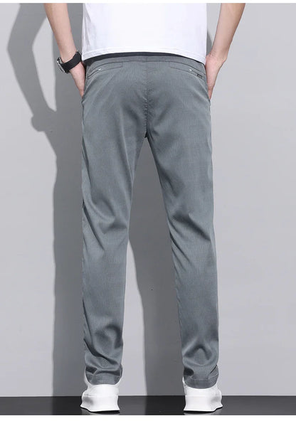 Fiber Fabric Summer Men's Casual Pants Fashion Thin Soft Breathable Elastic Business Slim Straight Trousers Black Gray