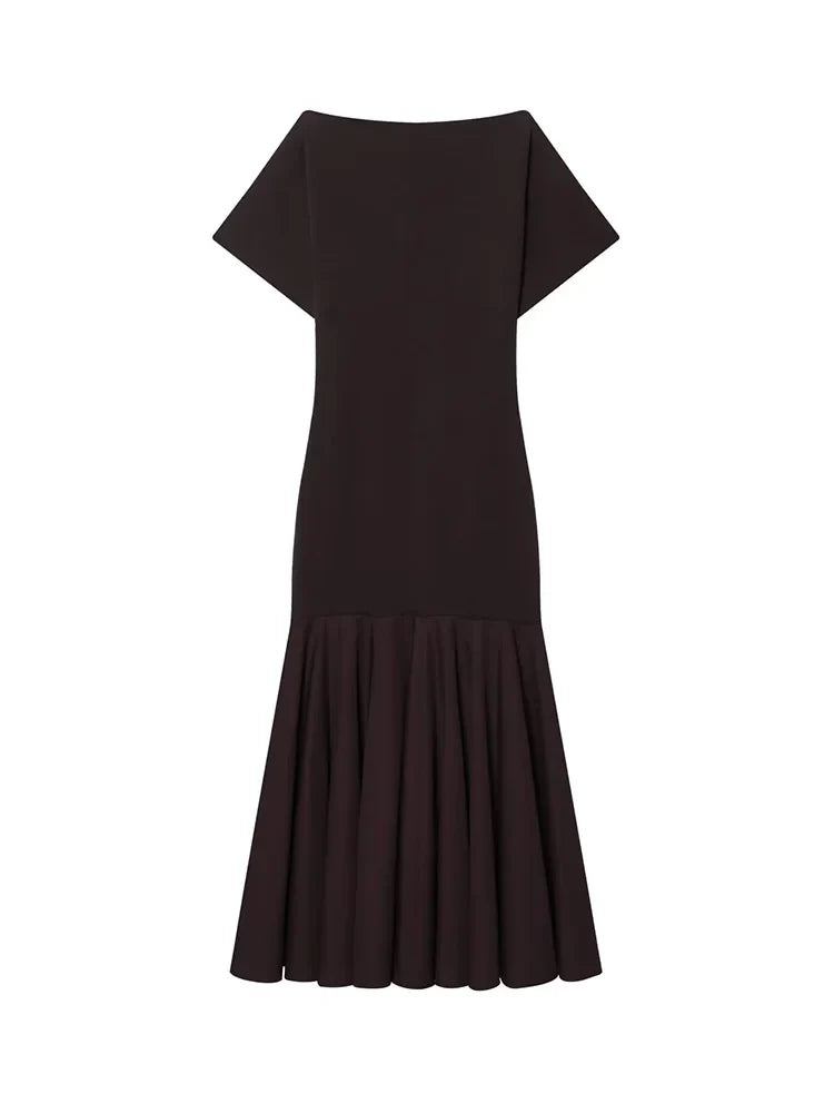 2026 Women Summer Fashion Solid Midi Dress Side Zipper Pleated Woman Ship-type Short Sleeved Stitching Holiday Party Dress