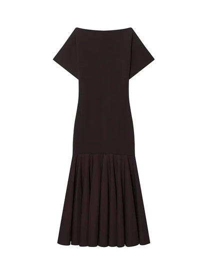 2026 Women Summer Fashion Solid Midi Dress Side Zipper Pleated Woman Ship-type Short Sleeved Stitching Holiday Party Dress