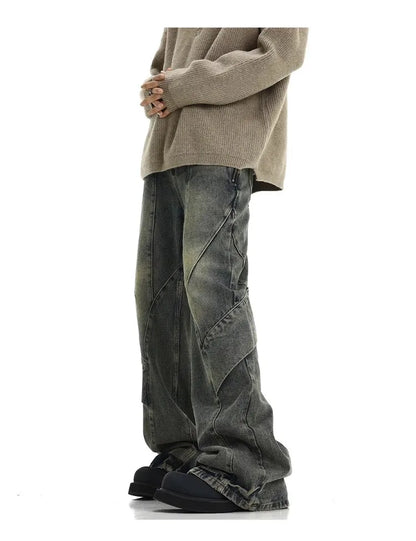 Men Jeans Denim Flare Pants Floor Length Pant Splice High Waist Irregularity Loose Casual Straight Trousers Autumn Winter 2025