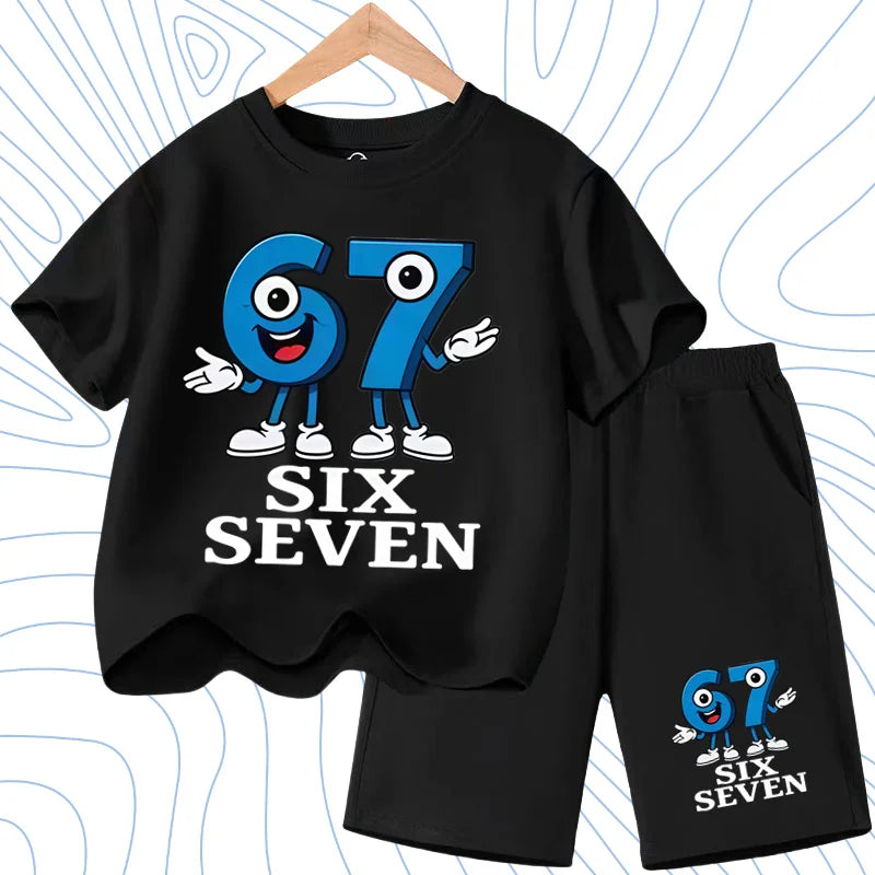 New 67 Number Six Seven Print Kids Cool Summer T-shirt 3-12Yrs Clothes Cartoon Short-sleeved+Shorts Boys Girls Sports Casual Set