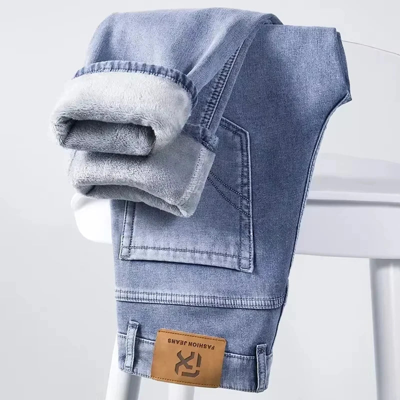 Winter Fleece Thick Warm Jeans Classic Brand Business Casual Men's Fitted Straight Stretch Mid-high Waist Denim Jeans