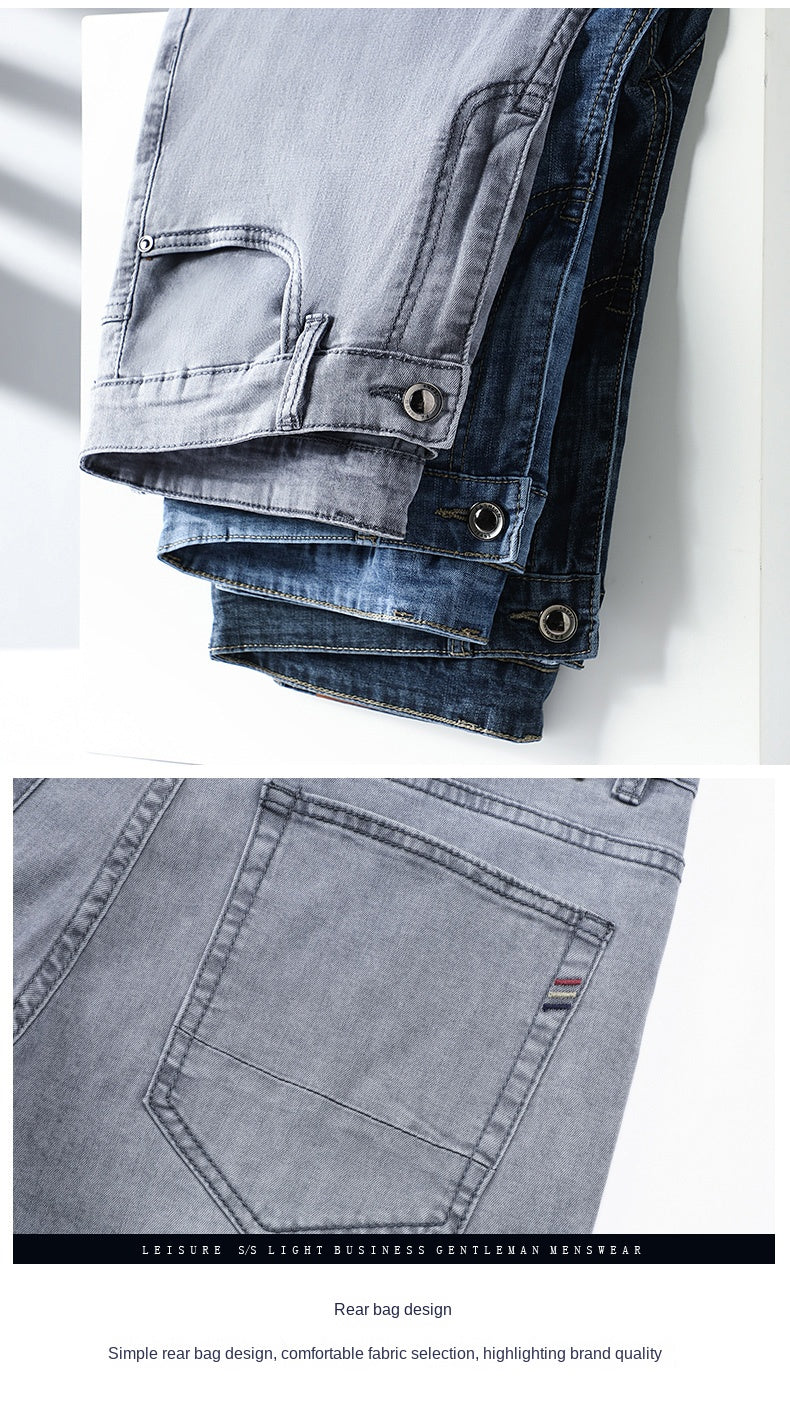 2024 Brand Thin or Thick Material Straight Cotton Stretch Denim Men's  Business Casual High Waist Light Grey Blue Jeans