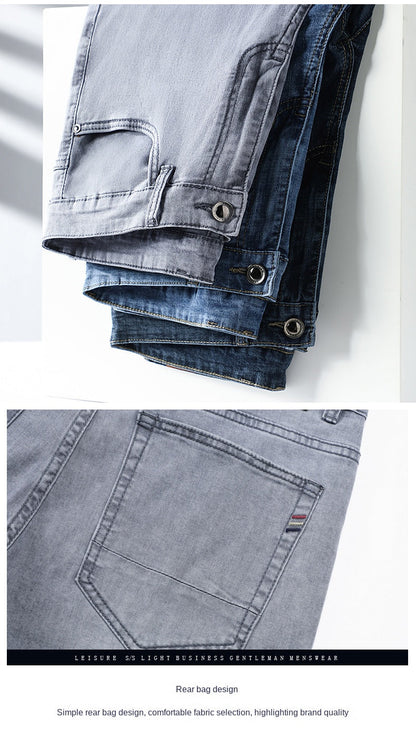 2024 Brand Thin or Thick Material Straight Cotton Stretch Denim Men's  Business Casual High Waist Light Grey Blue Jeans