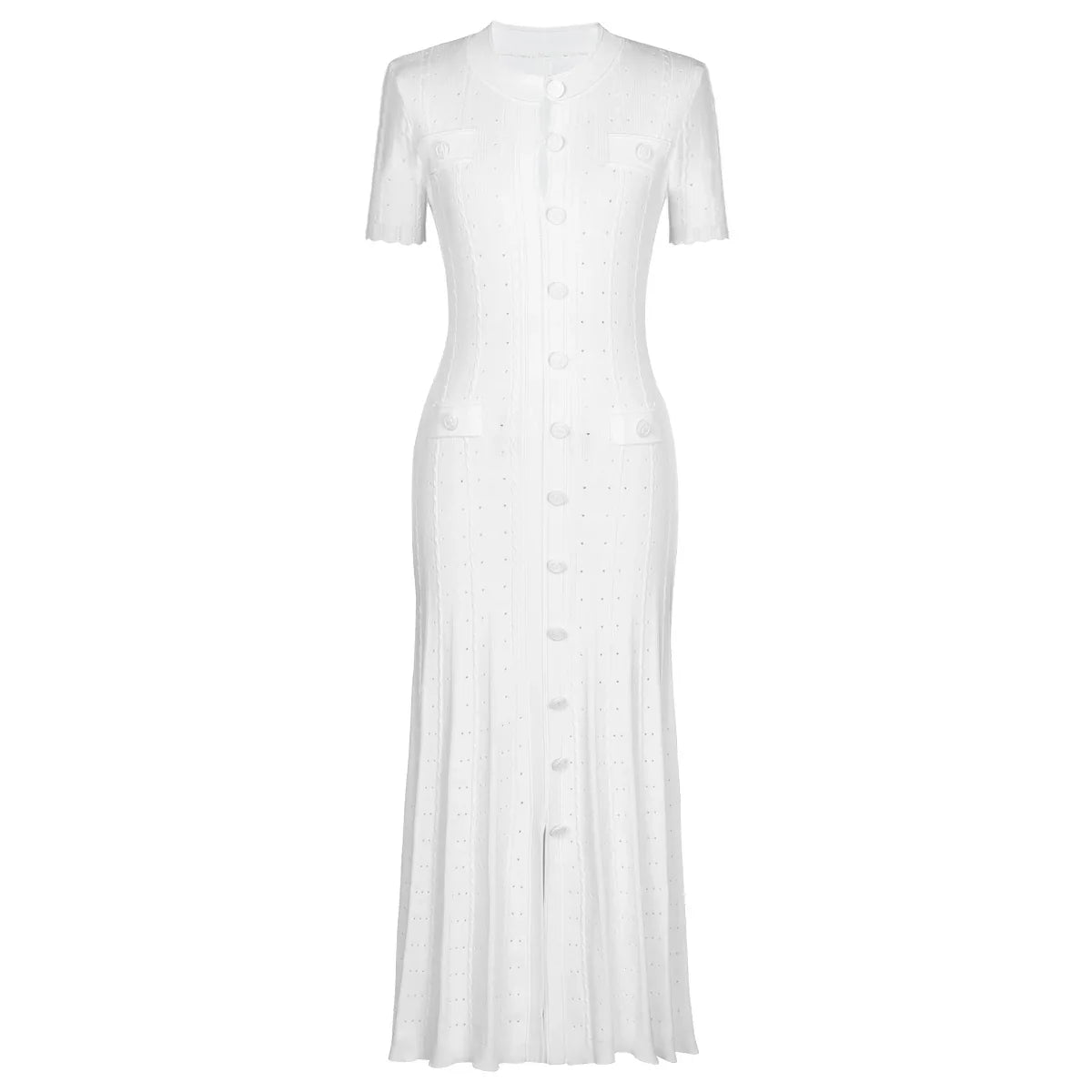 Three Color High-quality New Fashionable Elastic Knitted Hollow Round Neck Single Breasted Short Sleeved Slim Fit Women's Dress