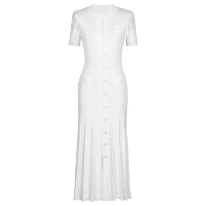Three Color High-quality New Fashionable Elastic Knitted Hollow Round Neck Single Breasted Short Sleeved Slim Fit Women's Dress