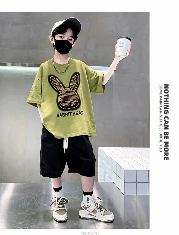 Cartoon Rabbit Boys Summer Clothing Two Piece Set Outfits Short Sleeved T-shirt Shorts Tracksuits Kids Children Casual Costumes