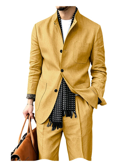 Men's Linen Blend 2 Piece Suit Set Stand Collar Breathable Casual Blazer Pants For Business Daily Wear