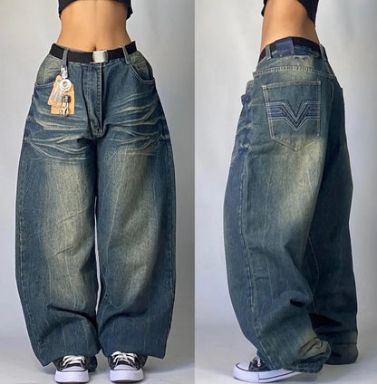 American New Fashion Oversized Pattern Printed Washed Jeans Men Y2K Gothic Rock Popular Casual Joker High Waist Wide Leg Pants