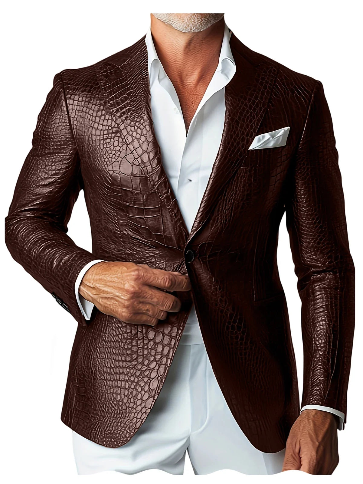Luxury Men's Crocodile Embossed Leather Blazer Notch Lapel Suit Fit 1 Button Jacket Shiny Croc Print Formal Business Party Coat