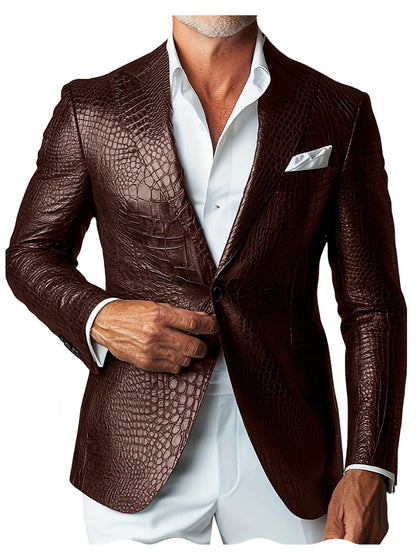 Luxury Men's Crocodile Embossed Leather Blazer Notch Lapel Suit Fit 1 Button Jacket Shiny Croc Print Formal Business Party Coat