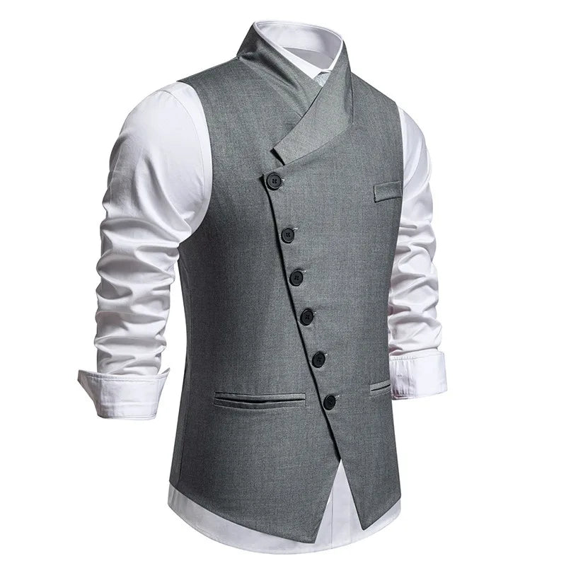 Man Suit Vest Spring Autumn Thin Solid Stand Collar Male Waist Slim Sleeveless Single-breasted Business Wedding Men Vest
