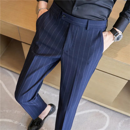 Autumn New Fashion Stripe Men's Suit Pants High Quality Straight Long Classic Business Elegant Slim Fit Casual Trousers 38-29