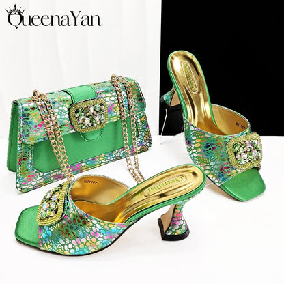 Italian Fashion Design Shoes and Bags Matching Set 2025 Peep Toe High Heels Blue Color Rhinestones Women Shoes for Party