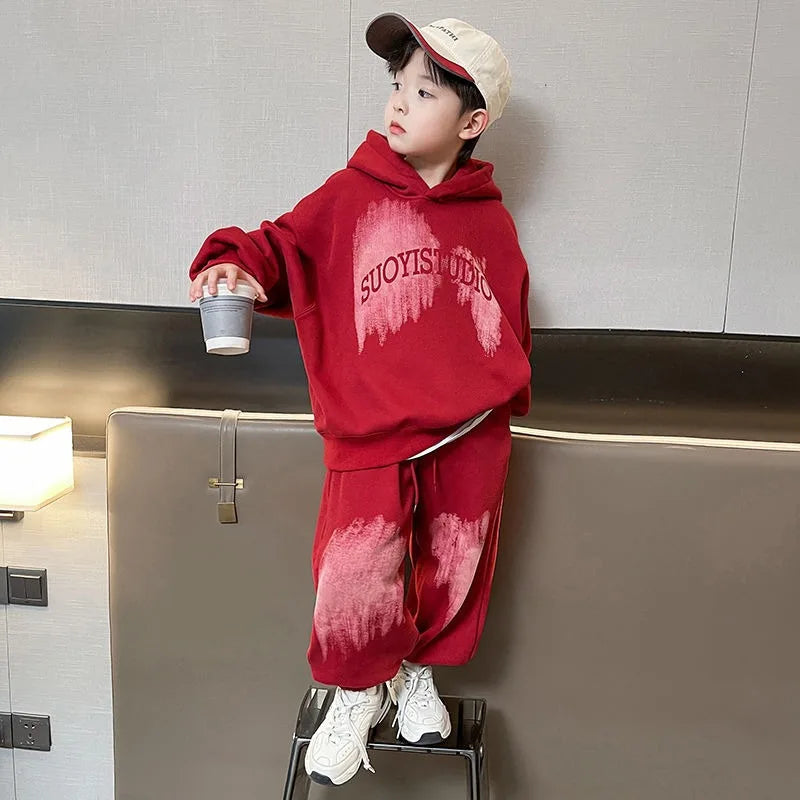 Print Hoodies Set Korean Kids Clothes Children 4 7 Years Clothing Children's From 8 12 Top Bottom Boys Boy Autumn Winter Child