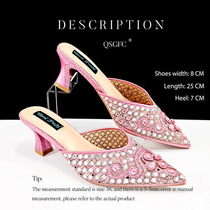 New Design Specials Italian Women Heels Shoes and Bag in Pink Color Comfortable Heels With Rhinestone for Part
