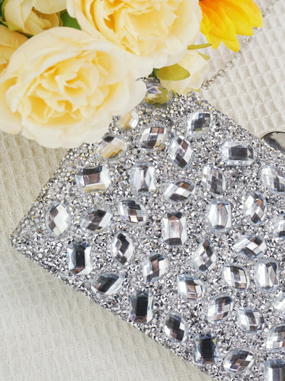 Ladies' high-end sparkling metal box shaped dinner bag, luxurious and fashionable metal strip decoration evening dress bag