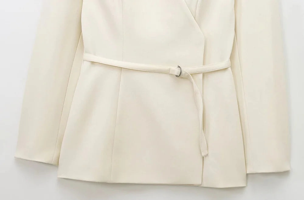 Women's Chic V-Neck Blazer Coat with Belt Long Sleeve Snap-Button Fashion Outerwear Top