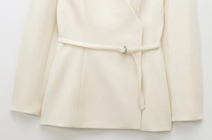 Women's Chic V-Neck Blazer Coat with Belt Long Sleeve Snap-Button Fashion Outerwear Top