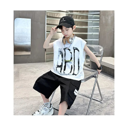 Summer Boys Cotton Sleeveless Alphabet T-Shirt Tops+Shorts Workout Sets School Kids 2PCS Tracksuit Child Jogging Outfits 5-16 Yr