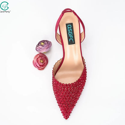 New Wine Red High Heels Shoes And Bag Dotted Crystal Wedding Party Spring, Summer, and Autumn Fashion Women's Noble Sandals