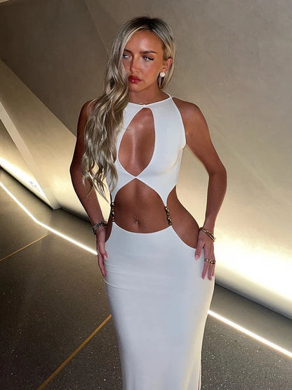 Hollow Out Party Women Maxi Dresses Fashion Sexy Solid Regular Casual Sleeveless Slim Sheath Vestidos Robes Streetwear