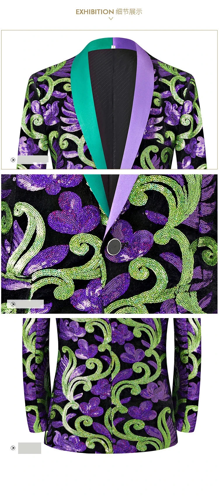 2024 New Flat Velvet Large Flower Sequin Jacquard Mens Blazer, Purple  Stage Performance Suit Dress, Host Fashion Show Jacket