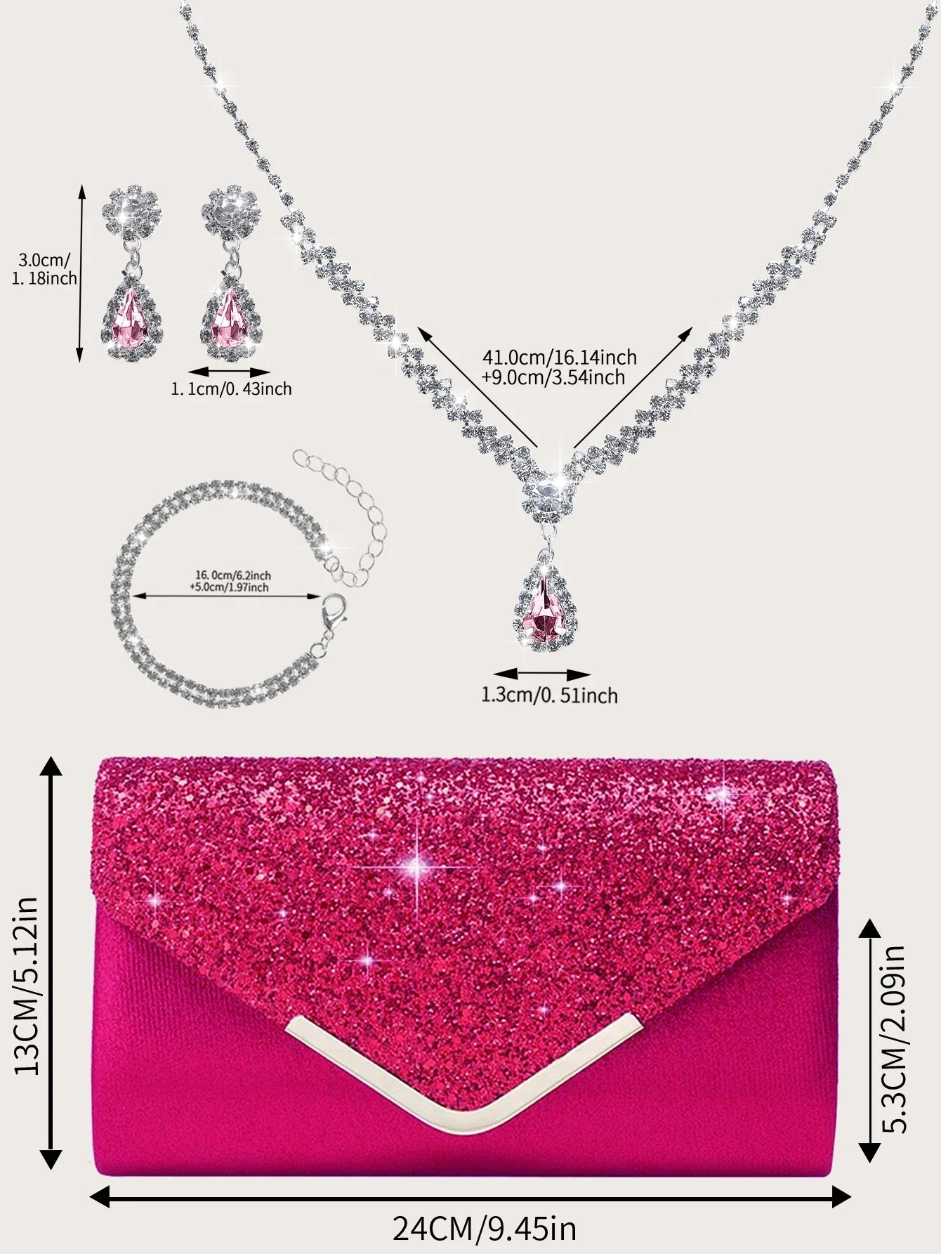 Gorgeous and elegant sparkly women's clutch bag, paired with a gorgeous rhinestone necklace, earrings and bracelet set of four.