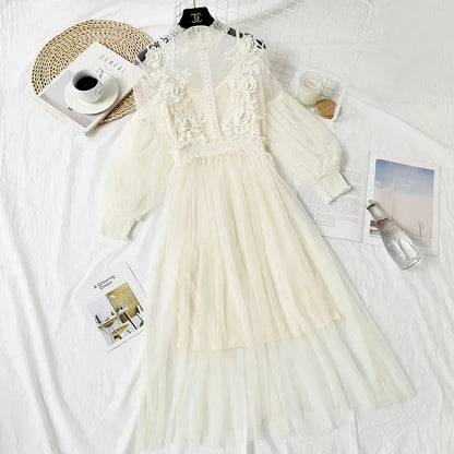 Lace Flower Mesh Summer Dress Women Lantern Sleeve White Casual Dresses Female Party Vintage Slim Women Dress 2 Piece Sets 12041