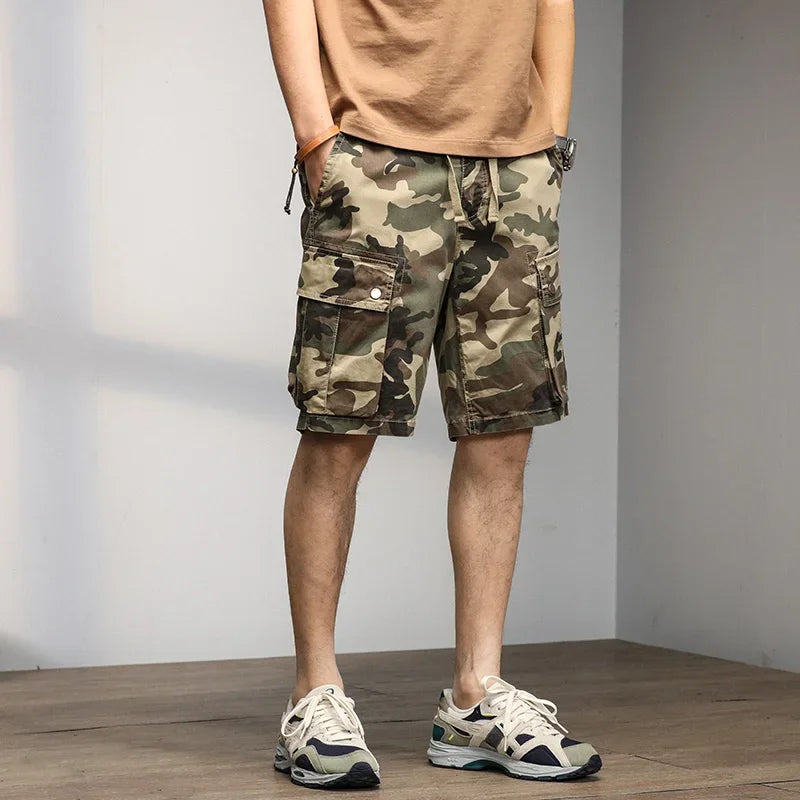 2024 Men's Shorts Camouflage Grey Summer Casual Elastic Waist Knee Length Camo Cargo Short Men Stretch Drawstring Cotton Bermuda