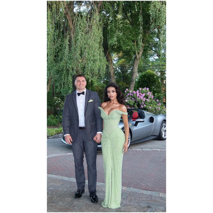 Green Off Shoulder Sequin Prom Dresses Mermaid Exquisite Customized جديد في الفساتين Sweep Train Evening Dress 2025