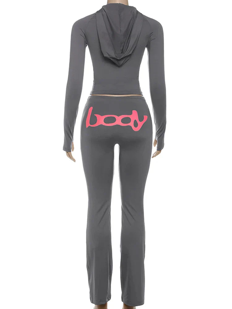 Letter Print 2 Piece Set Women Tracksuit Hooded Jacket+Leggings Matching Stretch Streetwear Casual Sporty Outfits