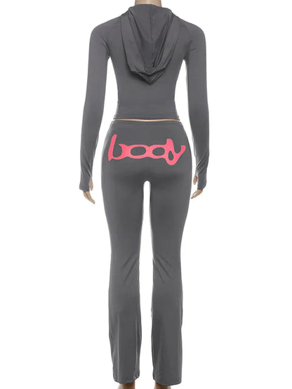 Letter Print 2 Piece Set Women Tracksuit Hooded Jacket+Leggings Matching Stretch Streetwear Casual Sporty Outfits