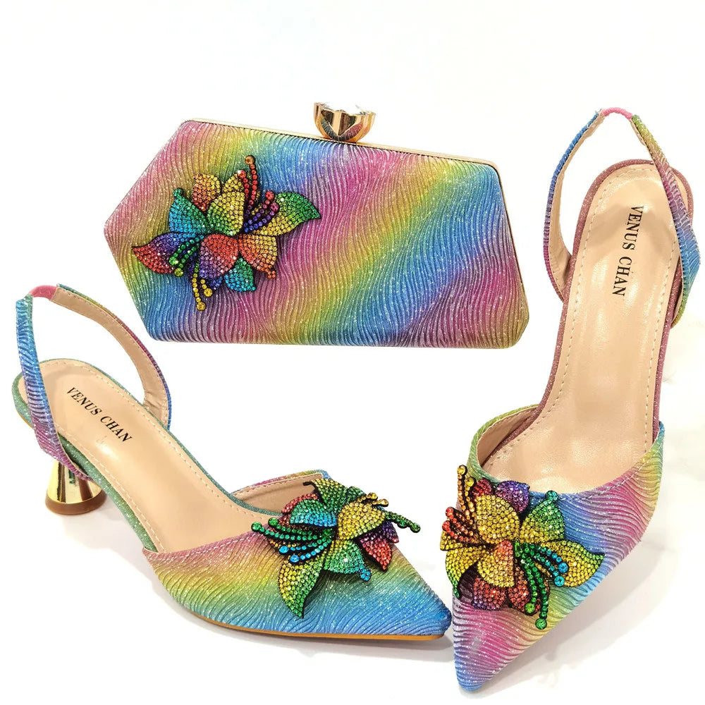 FASHION SHOE Sandals Women 2022 High Heels sexy Green Color Rhinestone Flowers Party Pumps Wedding Shoe and Matching Bag Set