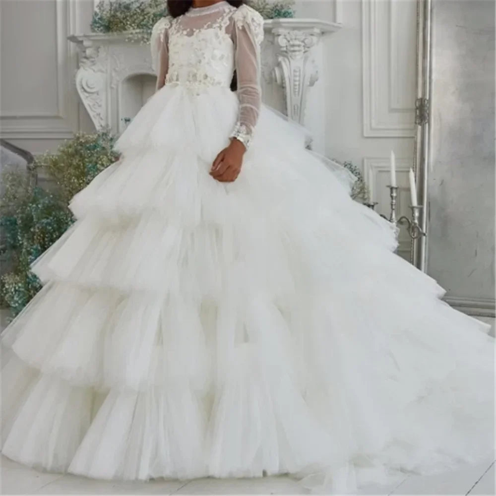 Customized White Flower Girl Dresses Tulle Tiered Flory with Tailing Long Sleeve for Wedding Birthday Party First Communion Gown
