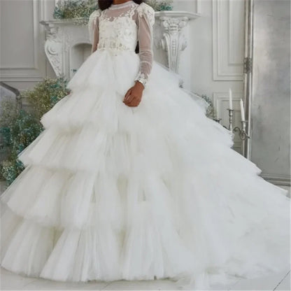 Customized White Flower Girl Dresses Tulle Tiered Flory with Tailing Long Sleeve for Wedding Birthday Party First Communion Gown