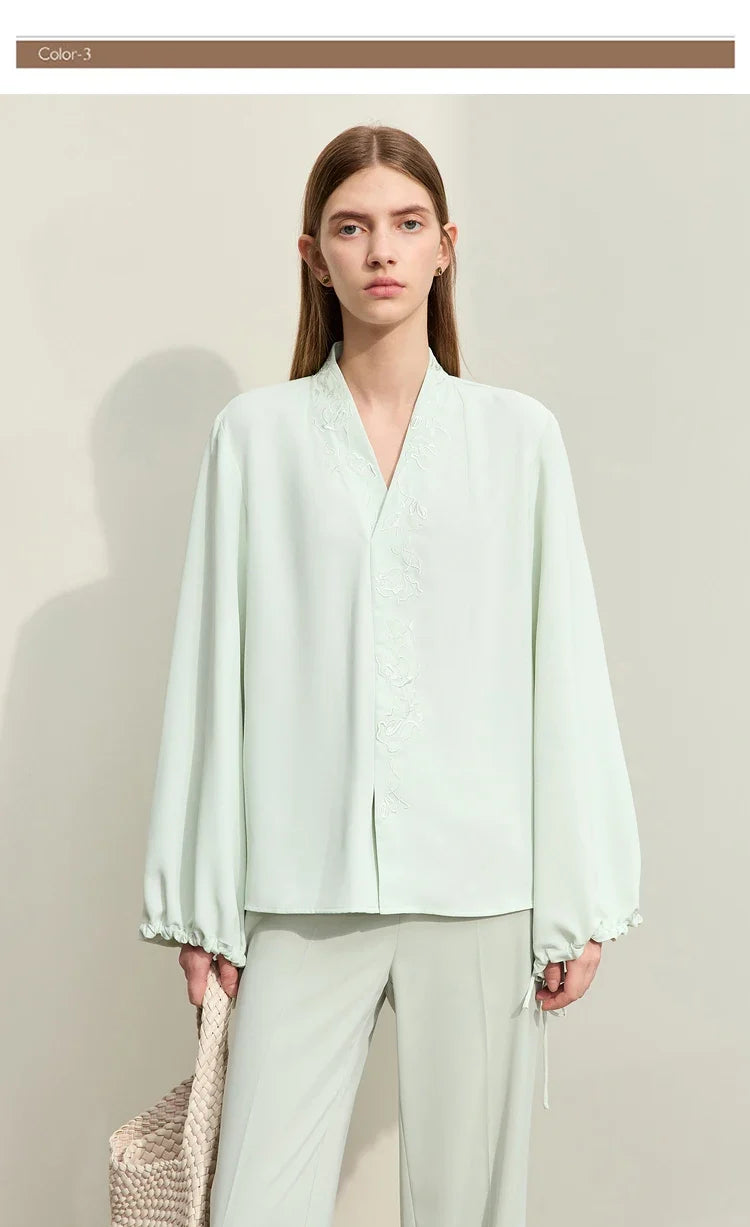 Chiffon Women's Blouse 2025 Autumn New V-neck Letter Embroidered Top Elegant Lantern Sleeve Loose Women's Shirt 12421028