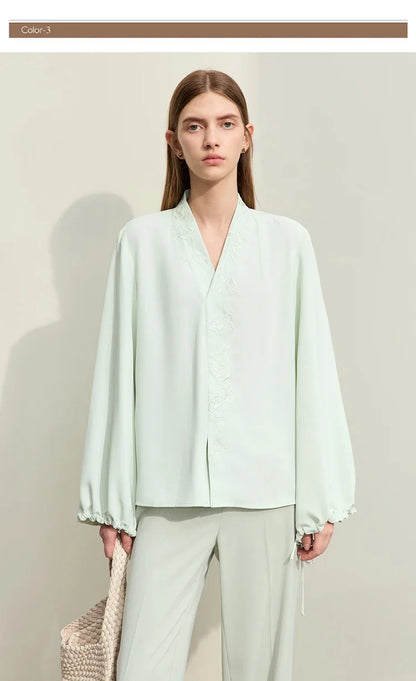 Chiffon Women's Blouse 2025 Autumn New V-neck Letter Embroidered Top Elegant Lantern Sleeve Loose Women's Shirt 12421028