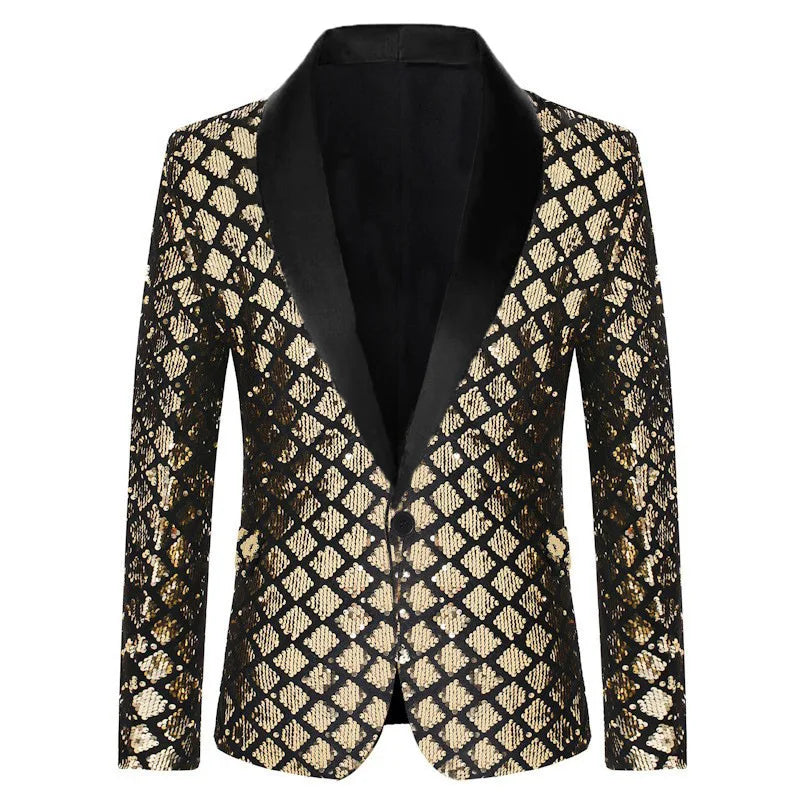 Men's Gold Suit Jacket, Wedding Party Dress Coat, Silver Blue Black Round Metallic Sequin Decoration Blazers.