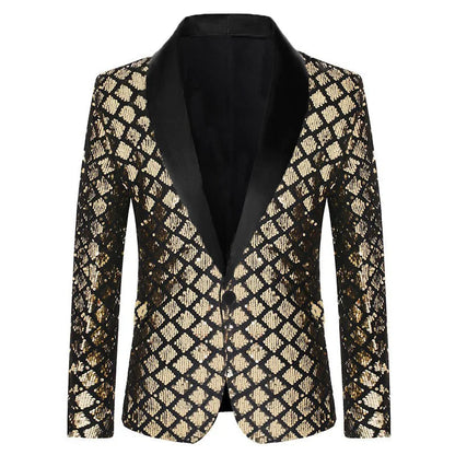Men's Gold Suit Jacket, Wedding Party Dress Coat, Silver Blue Black Round Metallic Sequin Decoration Blazers.