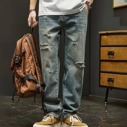 Korean Version Ripped Jeans Men'S Autumn New Retro Casual Pants High Street Loose Straight Leg Pants