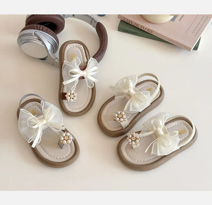Summer Girl's Sandals Clip-toe Bowknot Elastic Band Soft Sole Kids Sliders Beautiful Pu Leather Chunky Morden Children Shoes