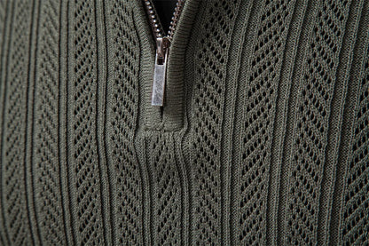 Zip Placket Polo Shirt Men Premium Solid Color Slim Fit Long Sleeve Textured Fabric Business Casual Autumn Winter