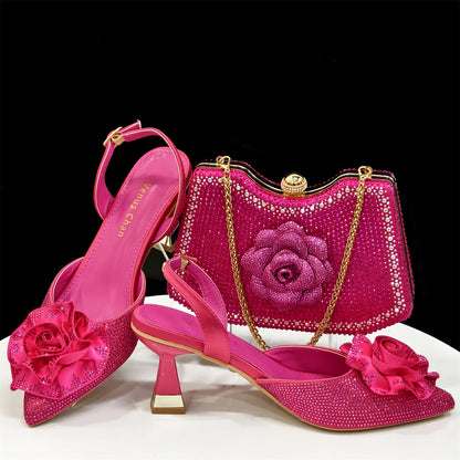 Elegant Shiny Dark blue Handbag and Medium Heel Shoes Set with Beautiful Handmade Flowers for Weddings and Parties