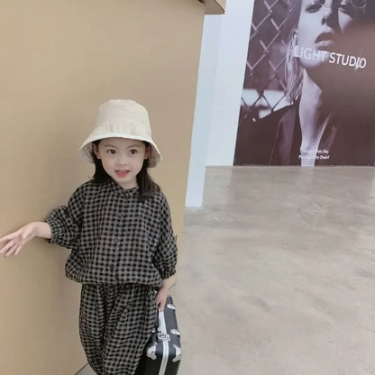 Kid Girls Korean Style Cotton Linen Suits Spring Autumn 2026 New Summer Baby Girl Fashion Casual Plaid 7-point Sleeve 2pcs Sets