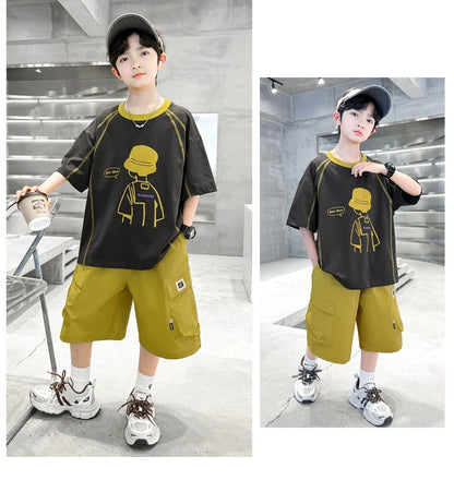 Teenage Summer Tracksuit for Boy with Shorts Tshirt 2 Piece Top and Bottom Clothes Set Kids Child Casual Cotton Outfit Suit Wear