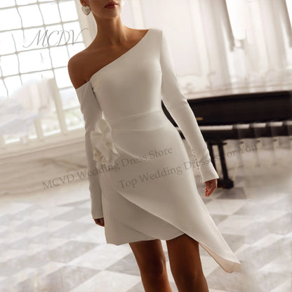 Modern Short Sheath Wedding Dresses Flower Off The Shoulder Long Sleeves Pleat Above-Knee Simple Vestidos De Noiva Customized