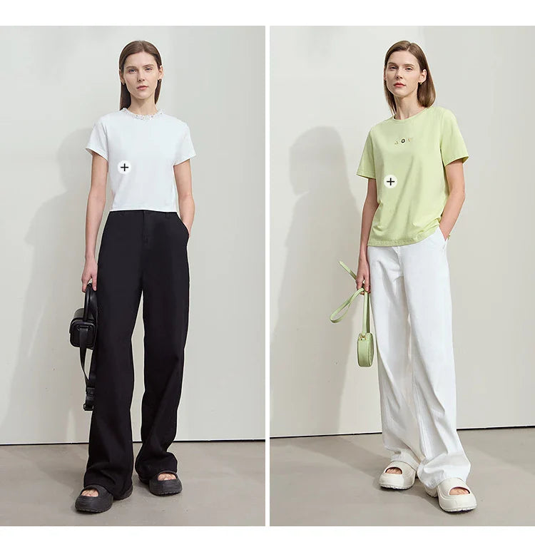 Women's Jeans Minimalist 2025 Summer New Style Solid Color Commuting Black Beige Wide Leg Cotton Denim Long Pants 12552012