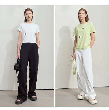 Women's Jeans Minimalist 2025 Summer New Style Solid Color Commuting Black Beige Wide Leg Cotton Denim Long Pants 12552012